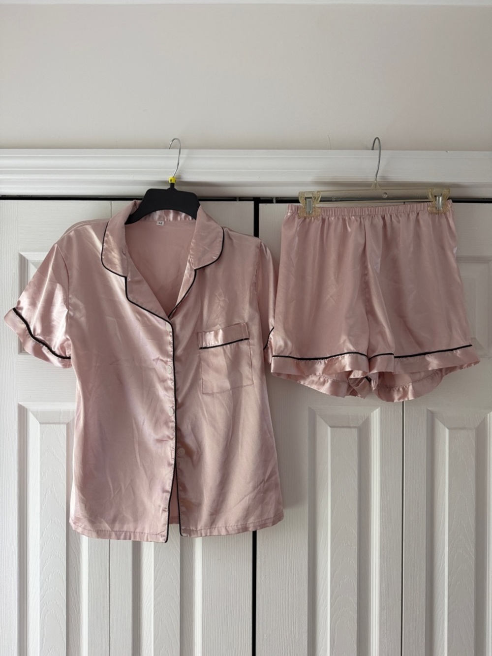 Silky Pink Short Sleeve Pajama Set with Contrast Piping